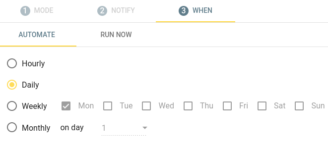 Insycle's assignment scheduling interface showing Hourly, Daily, Weekly, and Monthly batch processing options