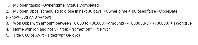 Insycle's advanced filter syntax showing query examples including field operators, date ranges, wildcards, and OR logic