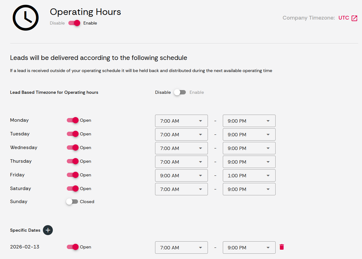 Bluebird operating hours configuration showing global schedule settings