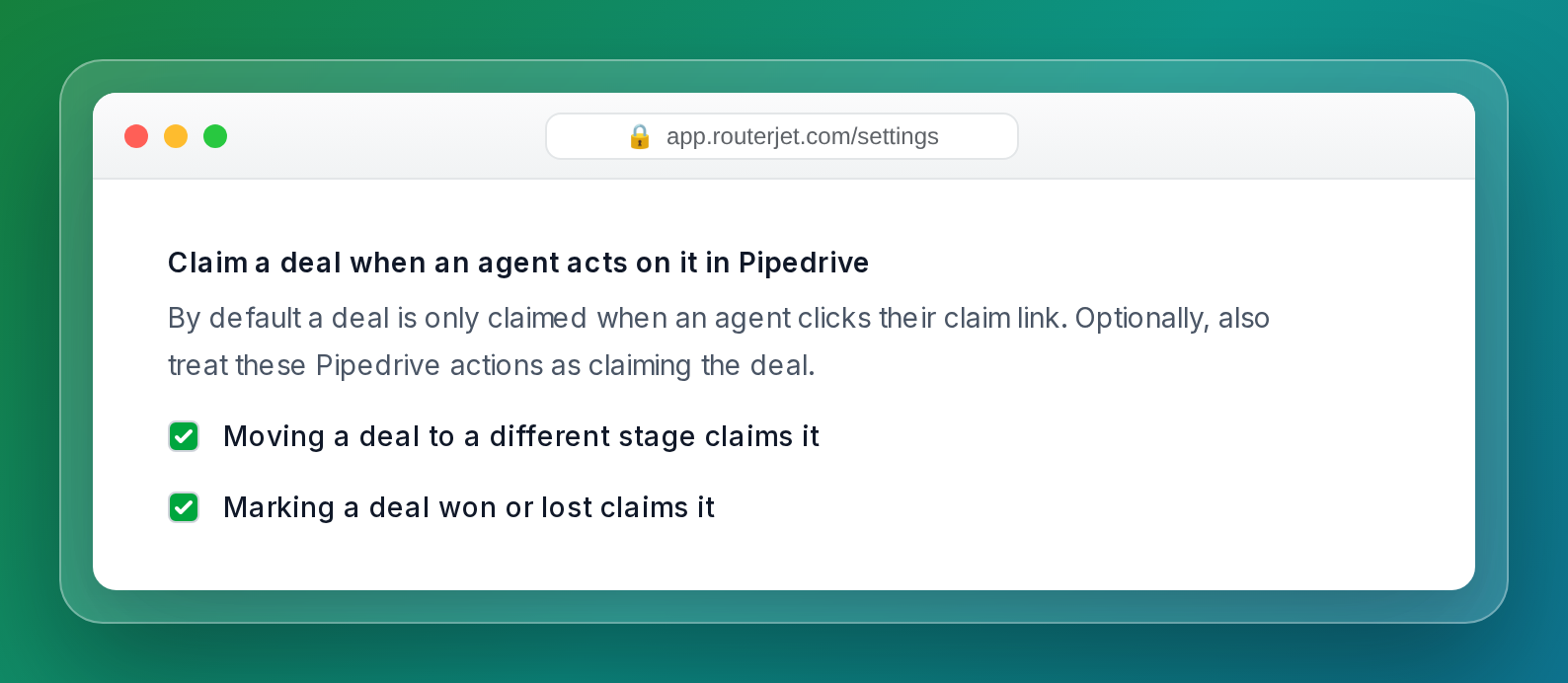 Claim a deal when an agent acts on it in Pipedrive settings
