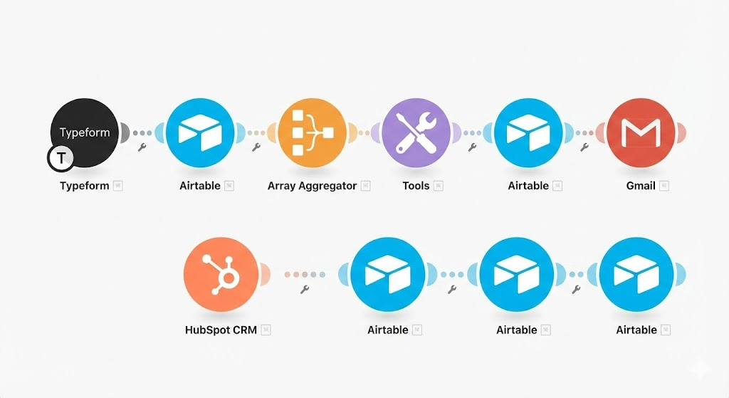 Make.com scenario showing Typeform, Airtable, Array Aggregator, Tools, Airtable, Gmail, HubSpot CRM, and more Airtable modules chained together