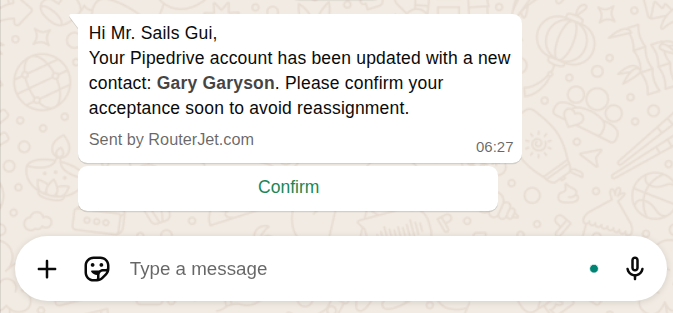 WhatsApp notification from RouterJet showing a new lead assignment with a Confirm button