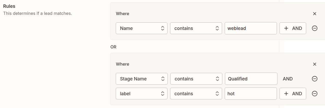 Zapier Lead Router rule configuration showing WHERE conditions with AND/OR logic