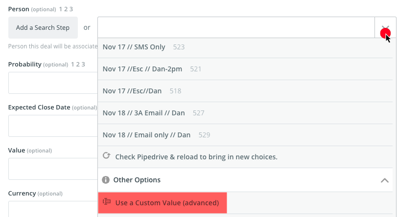 Pipedrive Custom Value