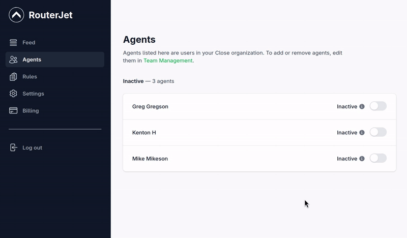Activating agents on the Close Agents page in RouterJet
