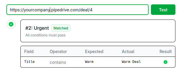 Test result showing matched conditions